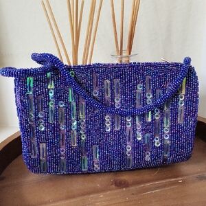 Vintage Blue Seed Beaded Party Purse. BIJOUX TERNET . 30 % Quartz Sand.